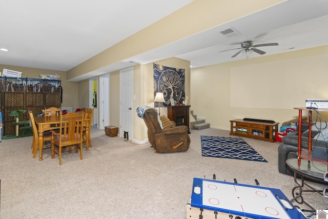 game room featuring ceiling fan and carpet floors