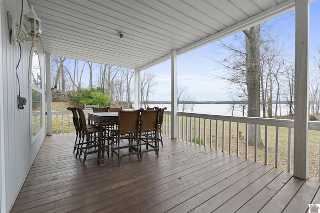 deck featuring a water view