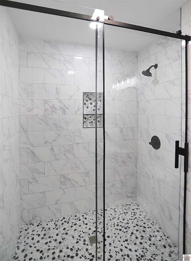 bathroom featuring a shower with shower door