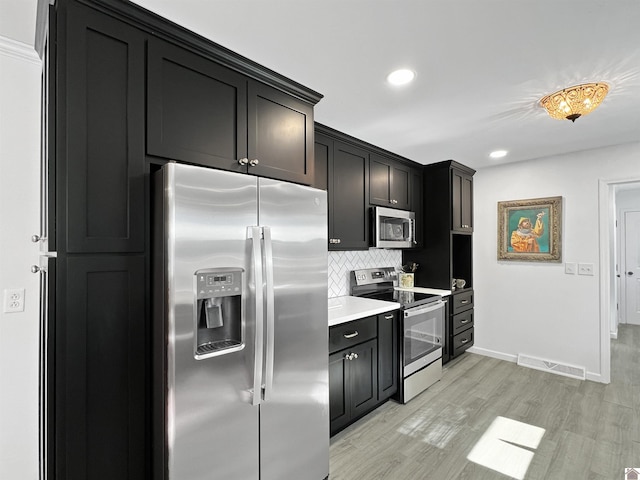 kitchen featuring light wood-type flooring, stainless steel appliances, and tasteful backsplash