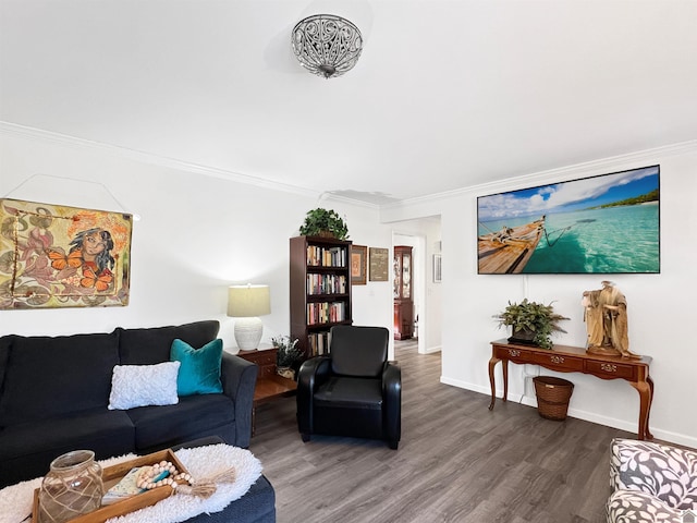 living room featuring crown molding and hardwood / wood-style flooring