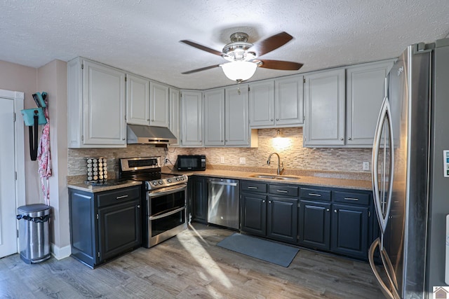 kitchen featuring light wood-type flooring, sink, stainless steel appliances, and a textured ceiling