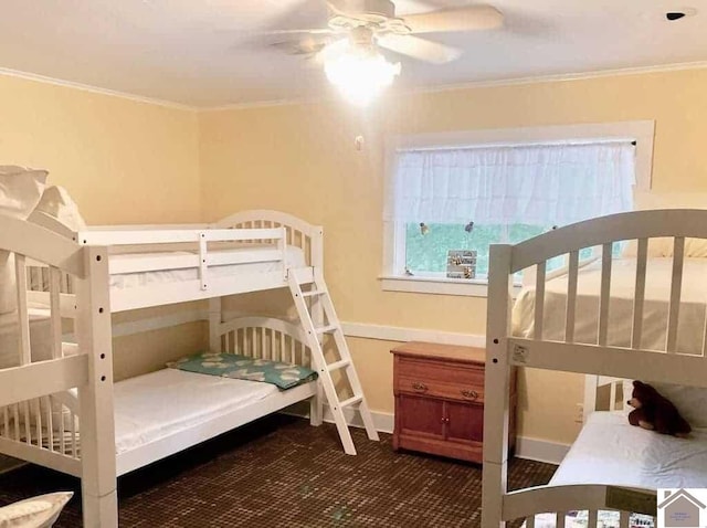 bedroom featuring ceiling fan and ornamental molding