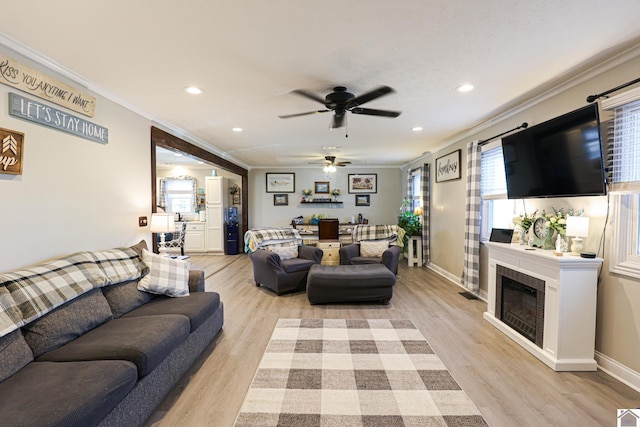 living room with ornamental molding and light hardwood / wood-style flooring