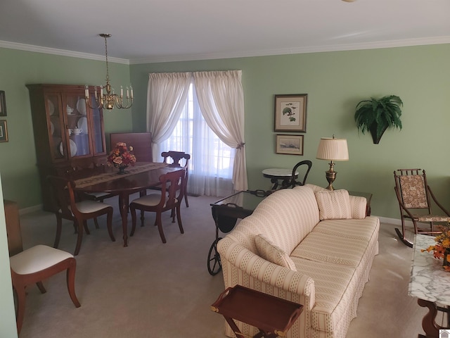 carpeted living room with ornamental molding and a chandelier