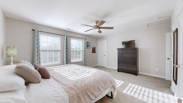 bedroom with ceiling fan and light colored carpet