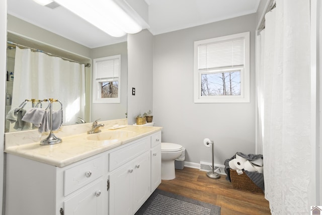 bathroom with toilet, vanity, and wood-type flooring