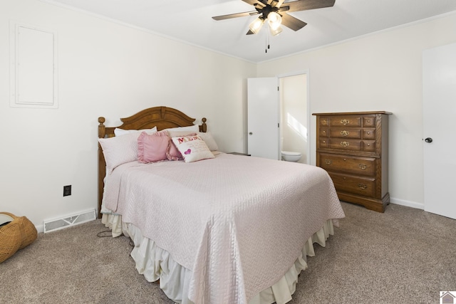 carpeted bedroom featuring ceiling fan and ornamental molding