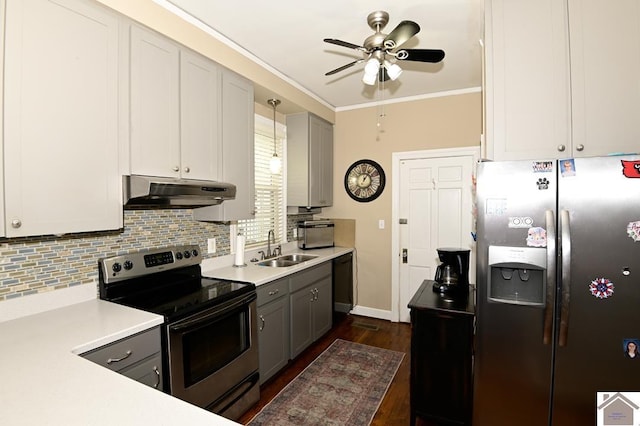 kitchen with white cabinetry, gray cabinetry, sink, dark hardwood / wood-style flooring, and stainless steel appliances