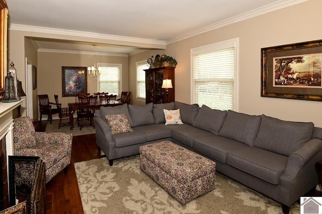 living room featuring dark hardwood / wood-style floors, crown molding, and a chandelier