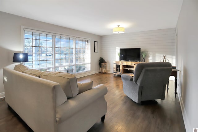 living room with dark hardwood / wood-style floors