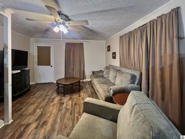 living room with crown molding, hardwood / wood-style floors, a textured ceiling, and ceiling fan