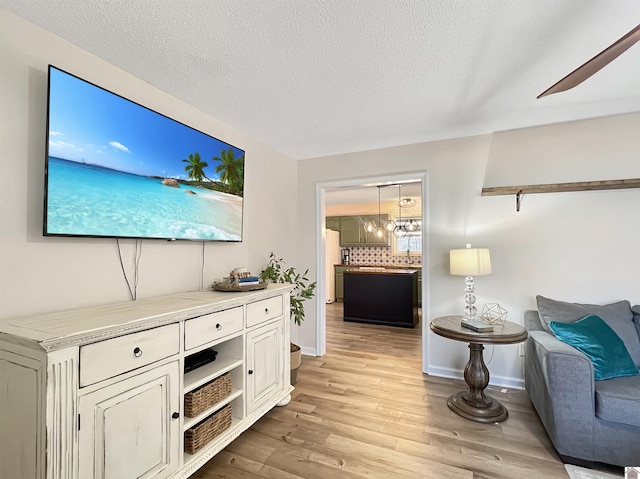 living room with light hardwood / wood-style floors and a textured ceiling