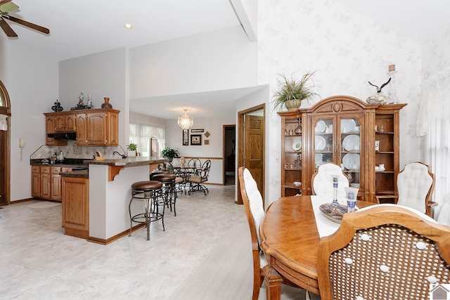 dining room featuring ceiling fan with notable chandelier