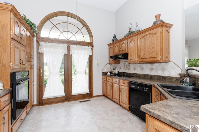 kitchen featuring decorative backsplash, sink, and black appliances