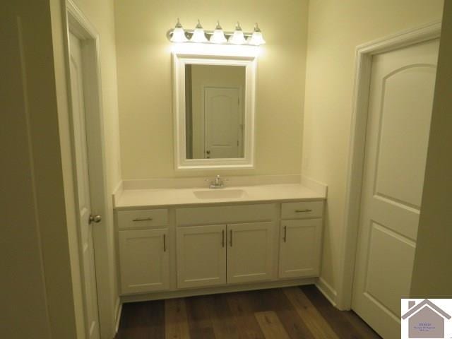 bathroom with hardwood / wood-style flooring and vanity