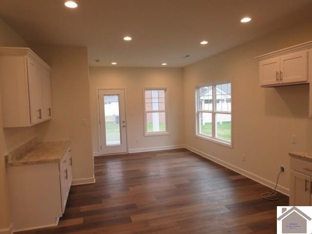 kitchen with light stone counters, dark wood-type flooring, white cabinetry, and a wealth of natural light