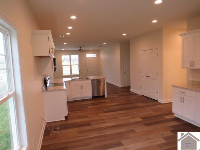 kitchen featuring white cabinets, dark hardwood / wood-style floors, dishwasher, and a healthy amount of sunlight