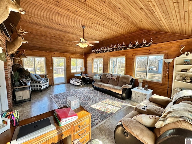 living room with ceiling fan, lofted ceiling, wooden ceiling, and wooden walls