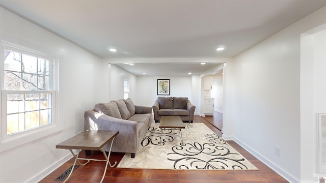 living room with dark hardwood / wood-style floors