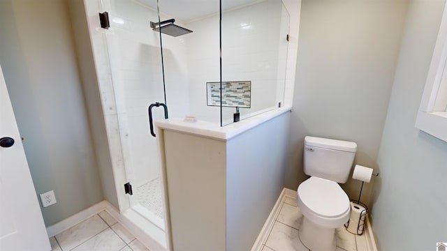 bathroom with a shower with shower door, tile patterned floors, and toilet