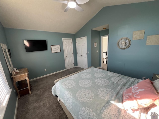 carpeted bedroom with ceiling fan and lofted ceiling