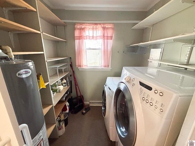 washroom featuring ornamental molding, gas water heater, and washing machine and dryer