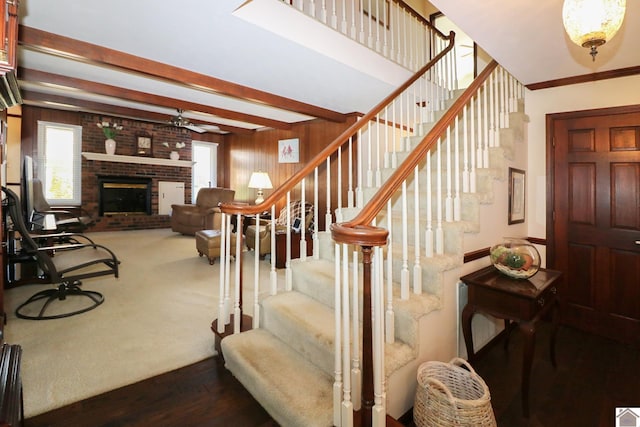 stairway with wood walls, ornamental molding, beamed ceiling, ceiling fan, and a fireplace