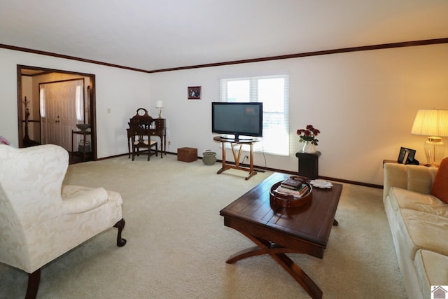 carpeted living room featuring crown molding