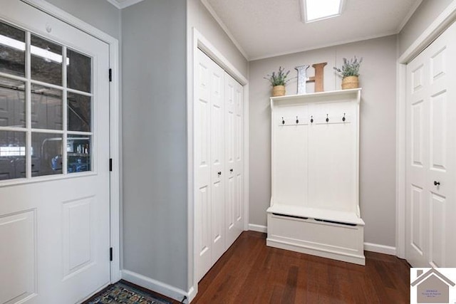 mudroom with dark hardwood / wood-style floors