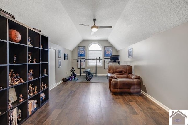 workout area with ceiling fan, lofted ceiling, wood-type flooring, and a textured ceiling