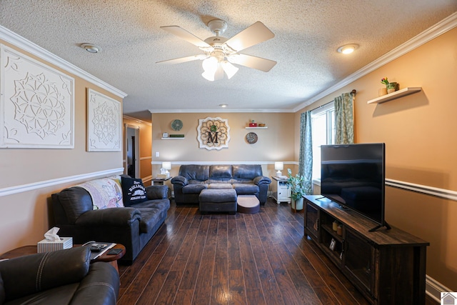 living room featuring crown molding, ceiling fan, dark wood-type flooring, and a textured ceiling