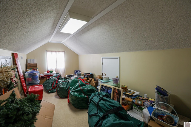 additional living space featuring vaulted ceiling, carpet, and a textured ceiling