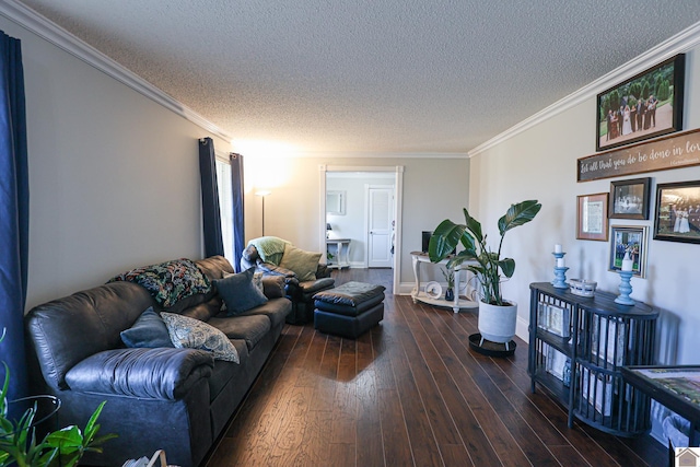 living room featuring ornamental molding, dark hardwood / wood-style flooring, and a textured ceiling