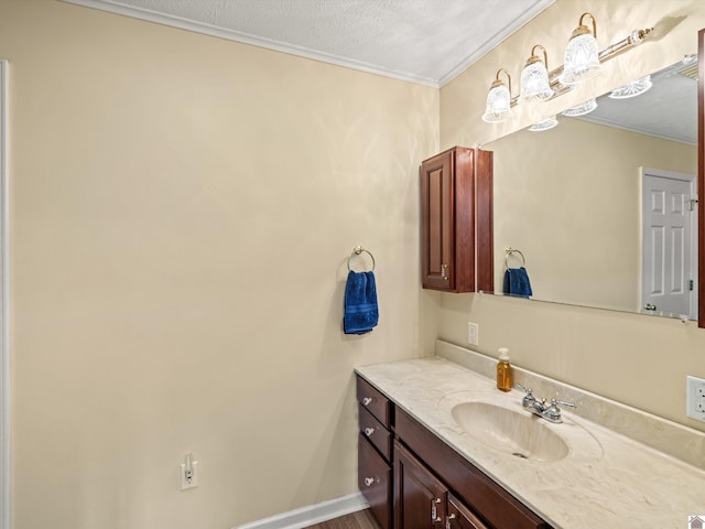 bathroom with vanity, crown molding, and a textured ceiling