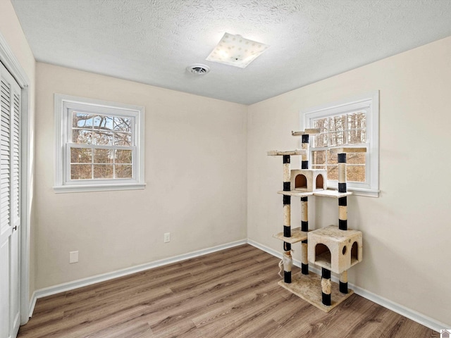 interior space featuring plenty of natural light, hardwood / wood-style floors, and a textured ceiling