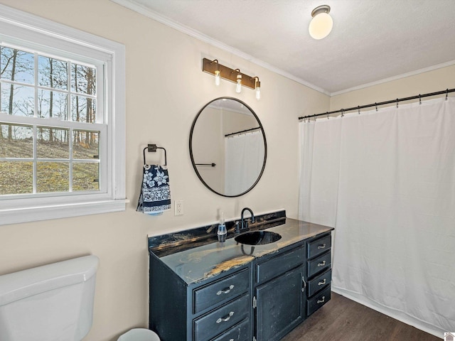 bathroom with crown molding, plenty of natural light, hardwood / wood-style floors, and vanity