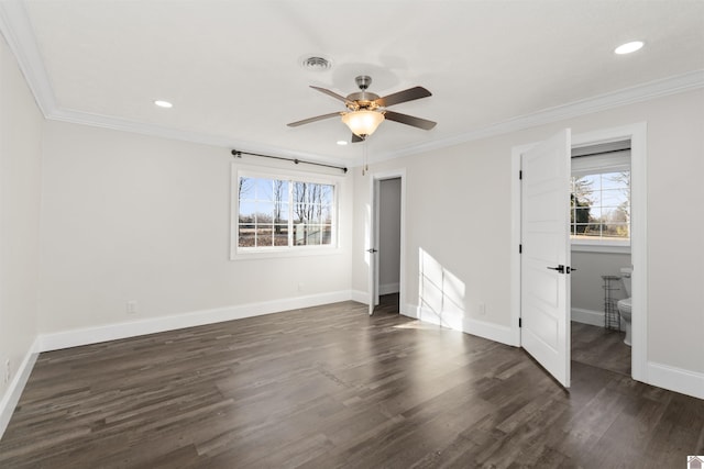 unfurnished bedroom with dark wood-type flooring, ceiling fan, and ornamental molding