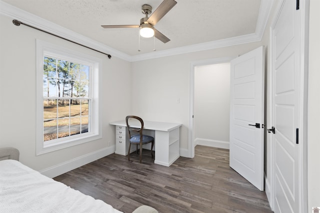 bedroom featuring ornamental molding, a textured ceiling, and ceiling fan