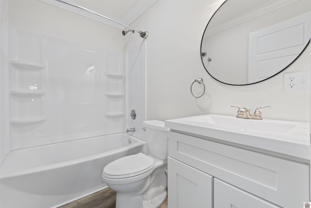 full bathroom with shower / bath combination, crown molding, wood-type flooring, and toilet