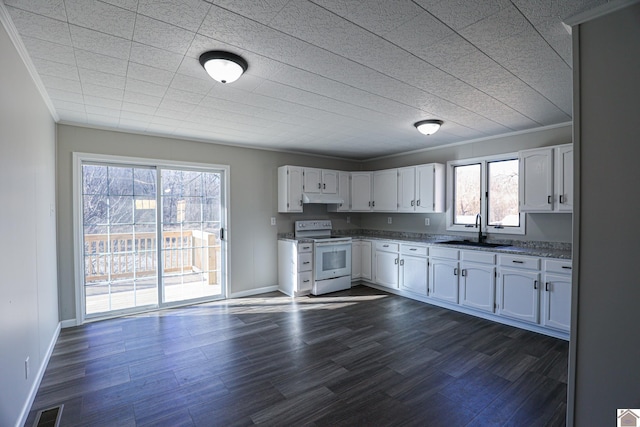 kitchen featuring plenty of natural light, white electric range oven, sink, and white cabinets