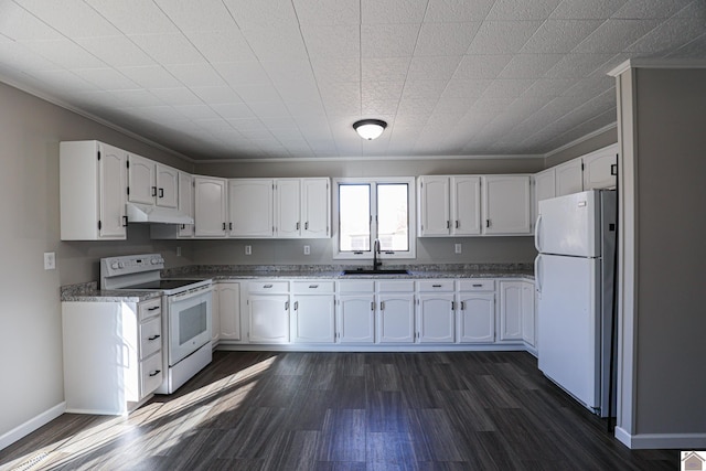 kitchen with white cabinetry, white appliances, dark hardwood / wood-style flooring, and sink