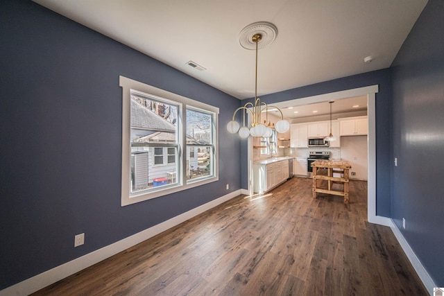 unfurnished dining area with dark hardwood / wood-style floors and sink