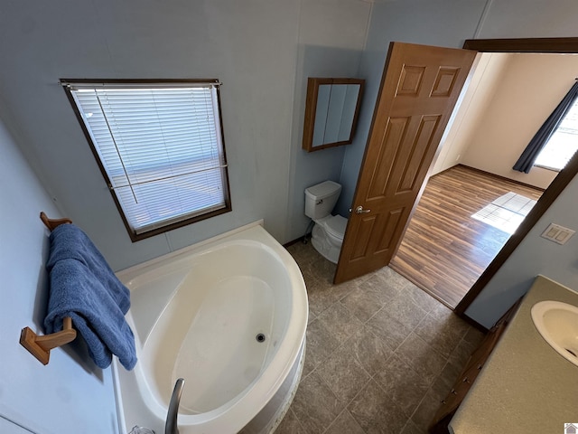 bathroom featuring vanity, toilet, and a bathing tub