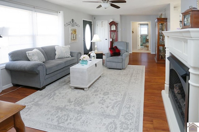 living room featuring ceiling fan, a healthy amount of sunlight, and wood-type flooring