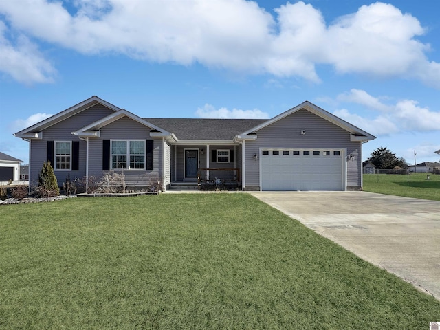 single story home featuring a garage and a front lawn