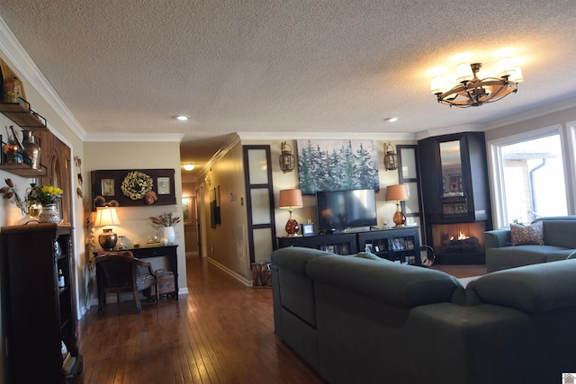 living room with crown molding, dark hardwood / wood-style floors, a textured ceiling, and a fireplace