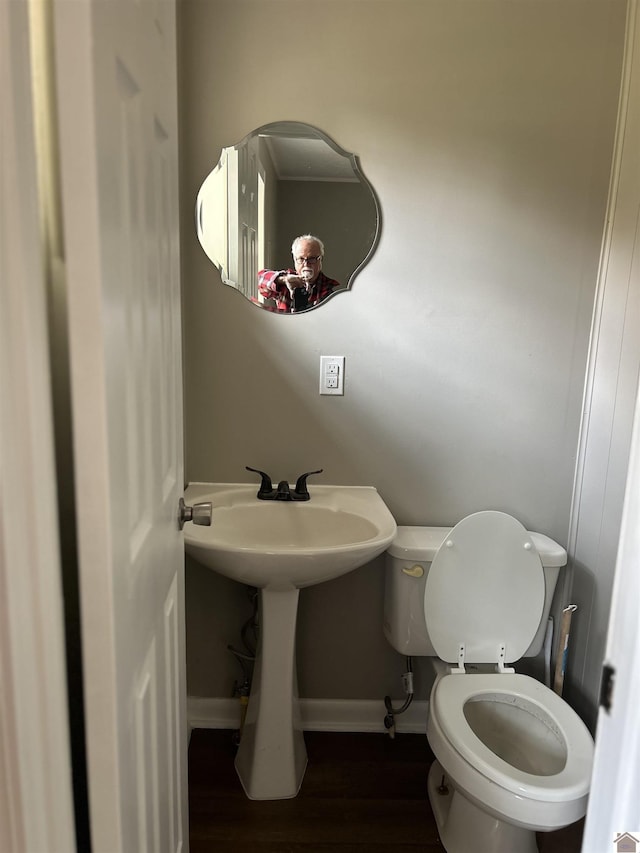 bathroom featuring wood-type flooring and toilet