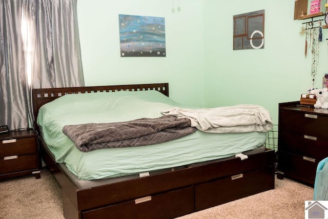 bedroom featuring light colored carpet