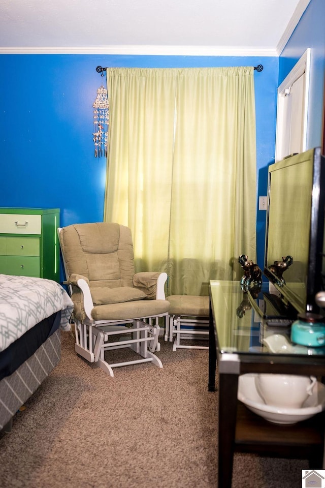 bedroom featuring carpet and crown molding